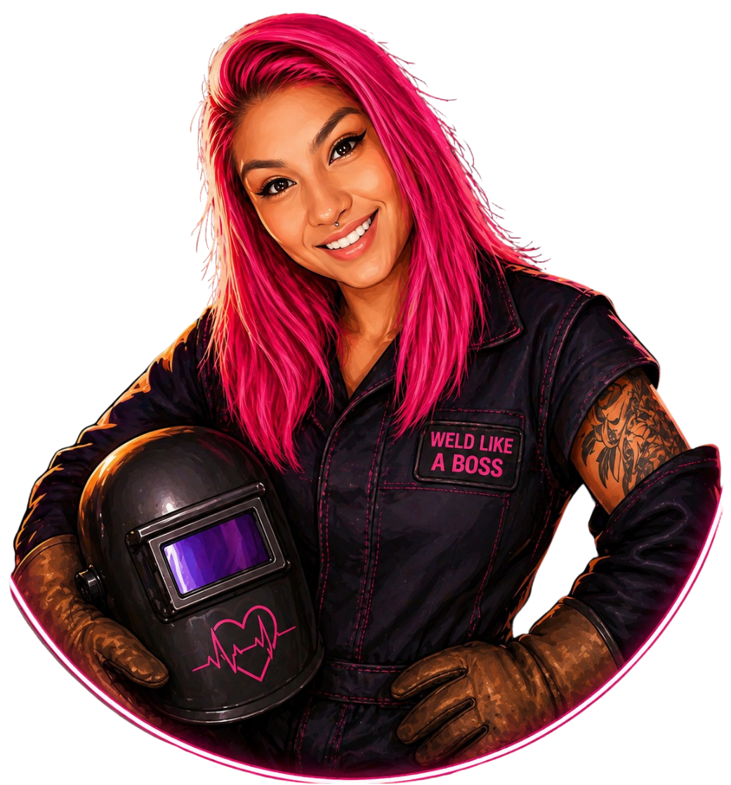 Confident woman welder with pink hair holding welding helmet